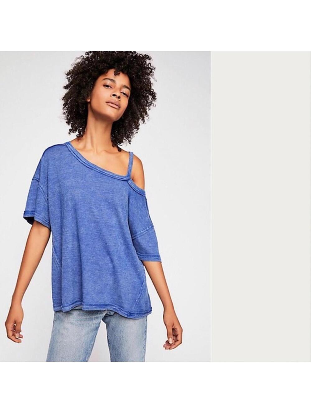FREE PEOPLE We The Free Alex Tee Cold Shoulder Cut out, Blue Lagoon XS